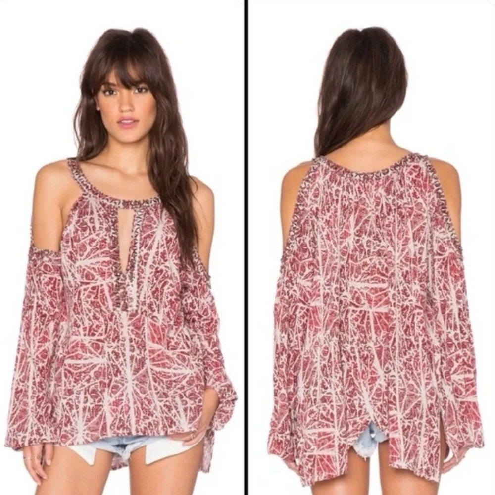Free People Good Morning beaded embellished tunic top in red and ivory Size S